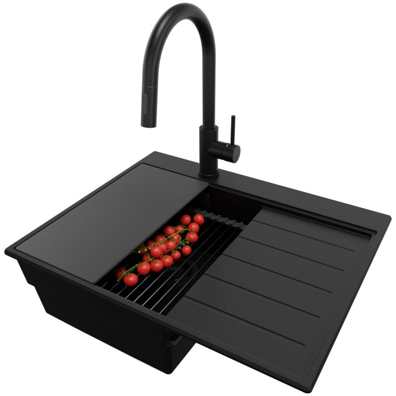 Zlewozmywak Granitowy Sydney PRIMAGRAN Nablatowy 62x50cm, Cały Czarny + Bateria + Syfon + Akcesorium, S095, 1 szt.