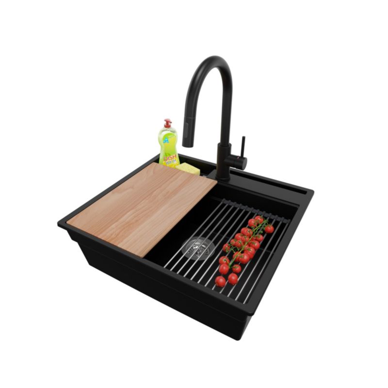 Zlewozmywak Granitowy Oslo Pocket PRIMAGRAN Nablatowy 58x53cm, Czarny + Bateria + Syfon + Akcesorium, S225, 1 szt.