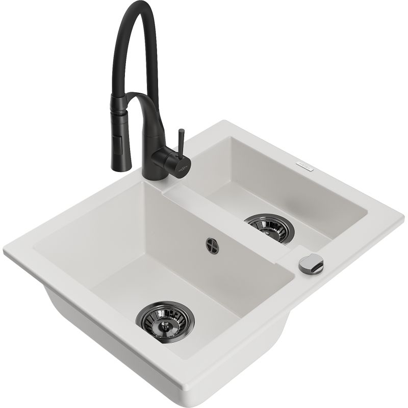 Zlewozmywak granitowy 1.5-komorowy Mexen Carlos z baterią kuchenną Aster czarny - 6518-77-73450-70-B 1 szt.