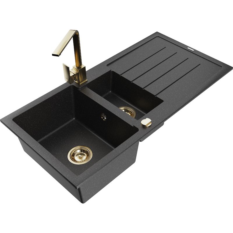 Zlewozmywak granitowy 1.5-komorowy Mexen Andres z ociekaczem i baterią Rita czarny/złoty metalik - 6515-75-670300-70 1 szt.