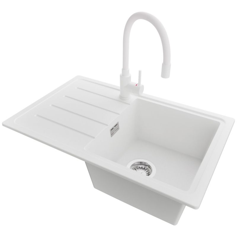 Zlewozmywak Granitowy Kopenhaga Easy PRIMAGRAN Nablatowy 70x44cm do szafki od 45cm, Biały + Bateria 38x14cm + Syfon, S063, 1 szt.