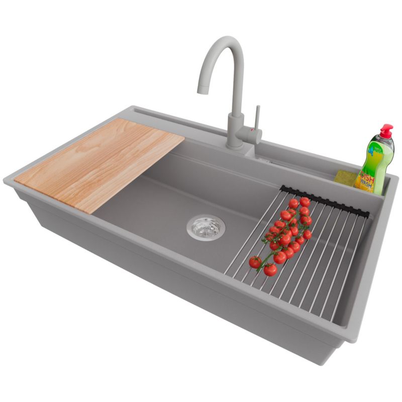 Zlewozmywak Granitowy Oslo Pocket PRIMAGRAN Nablatowy 88x53cm, Szary + Bateria + Syfon + Akcesorium, S463, 1 szt.