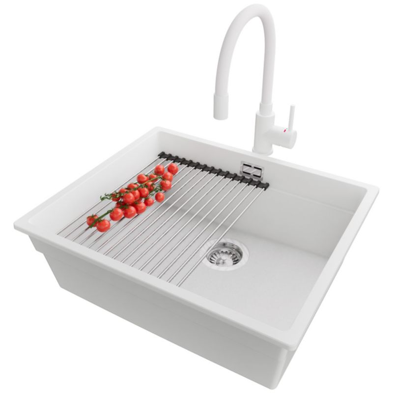 Zlewozmywak Granitowy Praga Slim PRIMAGRAN Nablatowy 56x47cm, Biały + Bateria + Syfon + Akcesorium, S294, 1 szt.