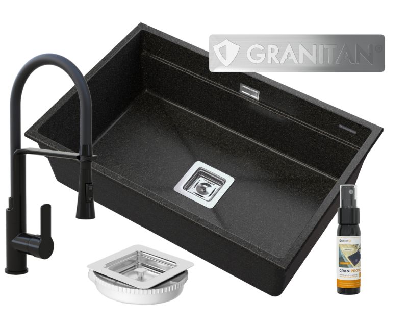 Zlewozmywak Podwieszany Granitowy Jednokomorowy Granitan Epir 70 Czarny Z Drobinkami Złotego Bateria Syfon Kwadratowy 1 kpl.