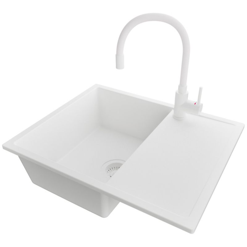 Zlewozmywak Granitowy Ibiza PRIMAGRAN Nablatowy 62x50cm do szafki od 45cm, Cały Biały + Bateria 38x14cm + Syfon, S024, 1 szt.