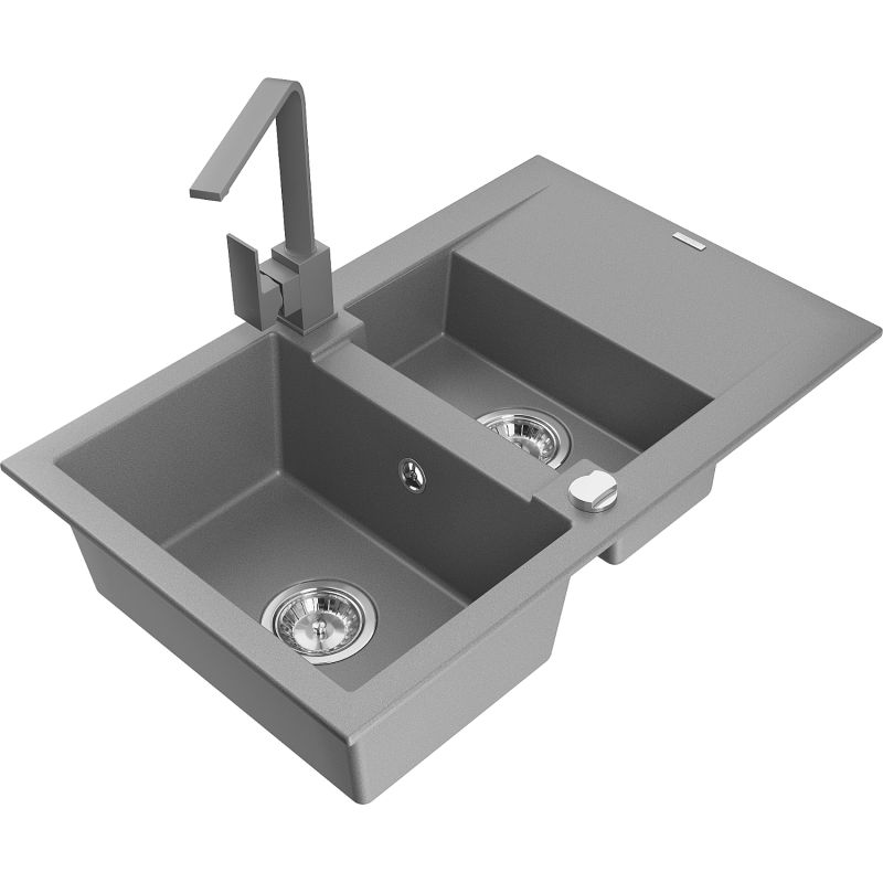 Zlewozmywak granitowy 1.5-komorowy Mexen Gaspar z ociekaczem i baterią kuchenną Savita czarny - 6507-77-672601-00 1 szt.