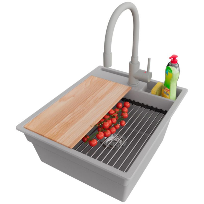 Zlewozmywak Granitowy Oslo Pocket PRIMAGRAN Nablatowy 43x53cm, Szary + Bateria + Syfon + Akcesorium, S111, 1 szt.