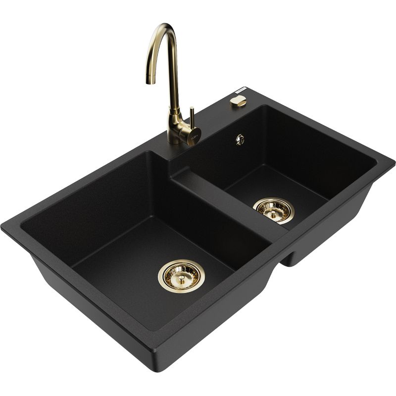 Zlewozmywak granitowy 2-komorowy Mexen Tomas z baterią kuchenną Telma czarny 6516-77-670200-50