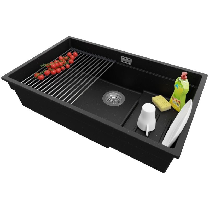 Zlewozmywak podblatowy Praga PRIMAGRAN 76x47cm do szafki od 80cm, Czarny Metalik + Syfon + Zwijany ociekacz, S606, 1 szt.