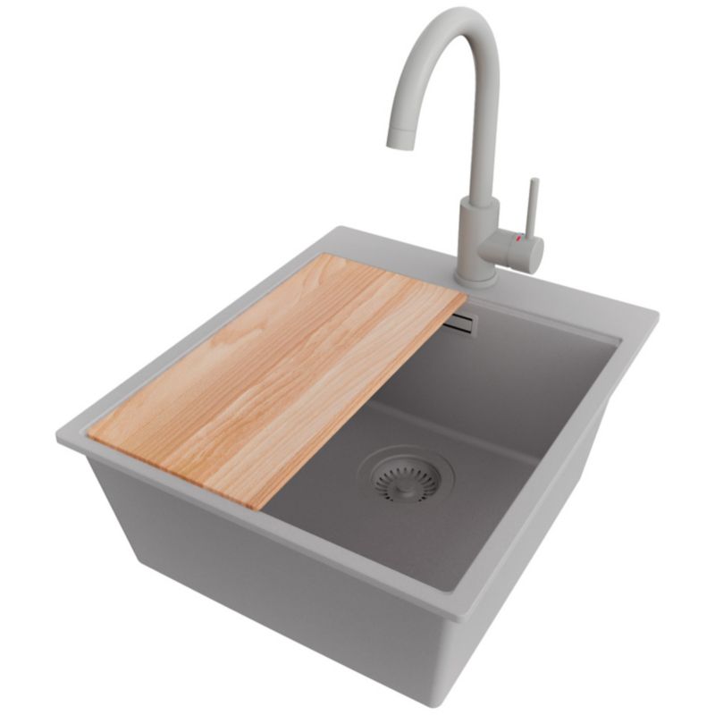 Zlewozmywak Granitowy Oslo PRIMAGRAN Nablatowy 43x50cm do szafki od 45cm, Szary + Bateria 32x20cm + Syfon + Deska, S198, 1 szt.