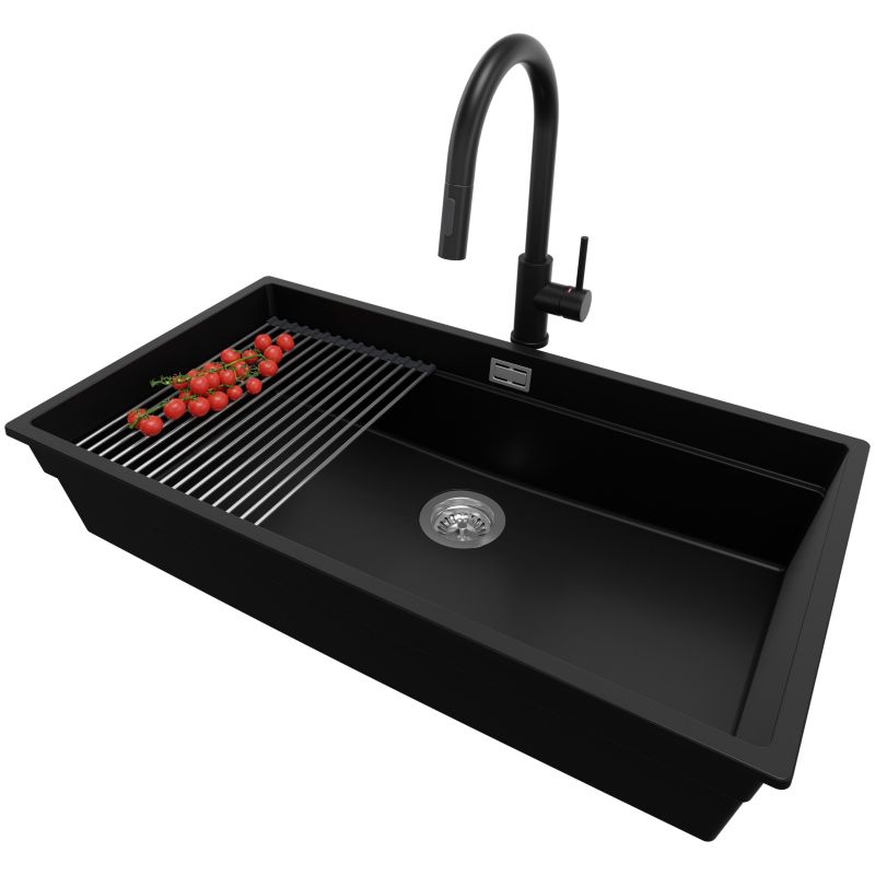 Zlewozmywak Granitowy Praga Slim PRIMAGRAN Nablatowy 86x47cm, Czarny + Bateria + Syfon + Akcesorium, S681, 1 szt.