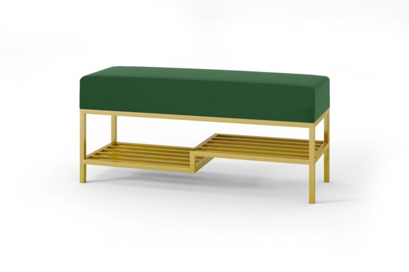 Ławka tapicerowana z półką Bettso Mello 100 cm do przedpokoju na złotym stelażu zielony 1szt.