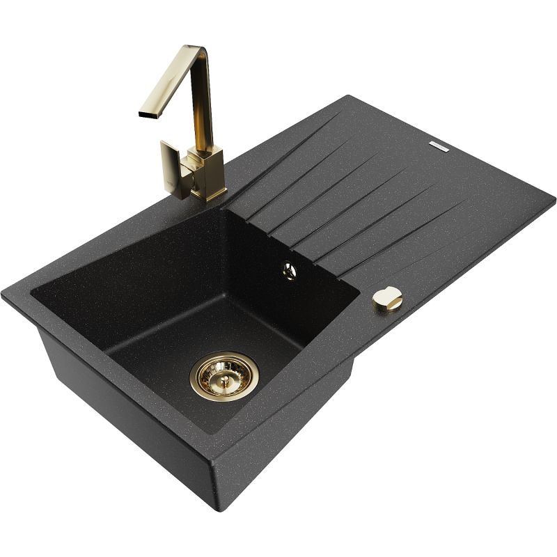 Zlewozmywak granitowy 1-komorowy Mexen Cesar z ociekaczem i baterią Rita czarny/złoty metalik - 6514-75-670300-70-B 1 szt.