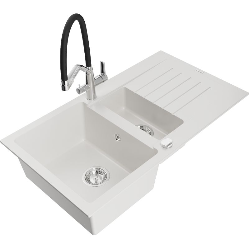 Zlewozmywak granitowy 1.5-komorowy Mexen Matias z ociekaczem i baterią kuchenną Duo biały 6502-20-671701-07