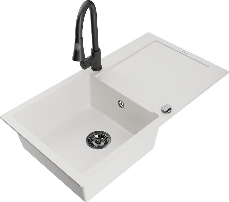 Zlewozmywak granitowy Mexen Leo 1-komorowy z ociekaczem i baterią kuchenną Flora beżowy - 6501-69-670401-57-B 1 szt.