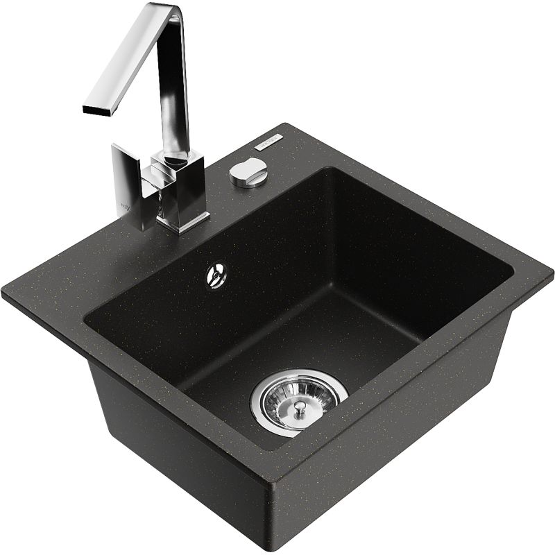 Zlewozmywak granitowy 1-komorowy Mexen Milo z baterią kuchenną Rita czarny/złoty metalik 6505-75-670300-00