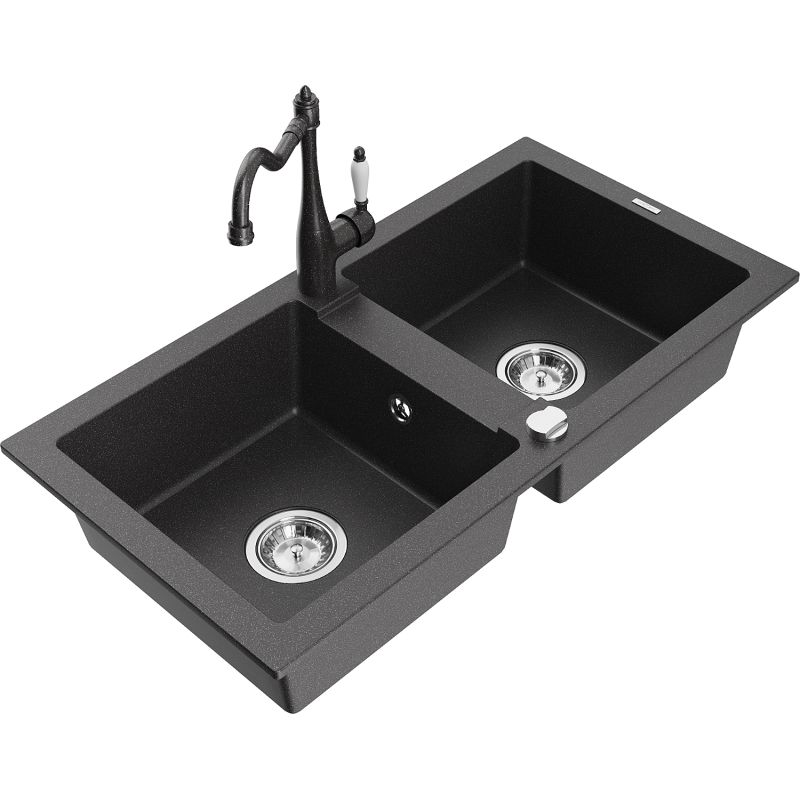 Zlewozmywak granitowy 2-komorowy Mexen Mario z baterią kuchenną Carla czarny/srebrny metalik - 6504-73-670700-70-B 1 szt.