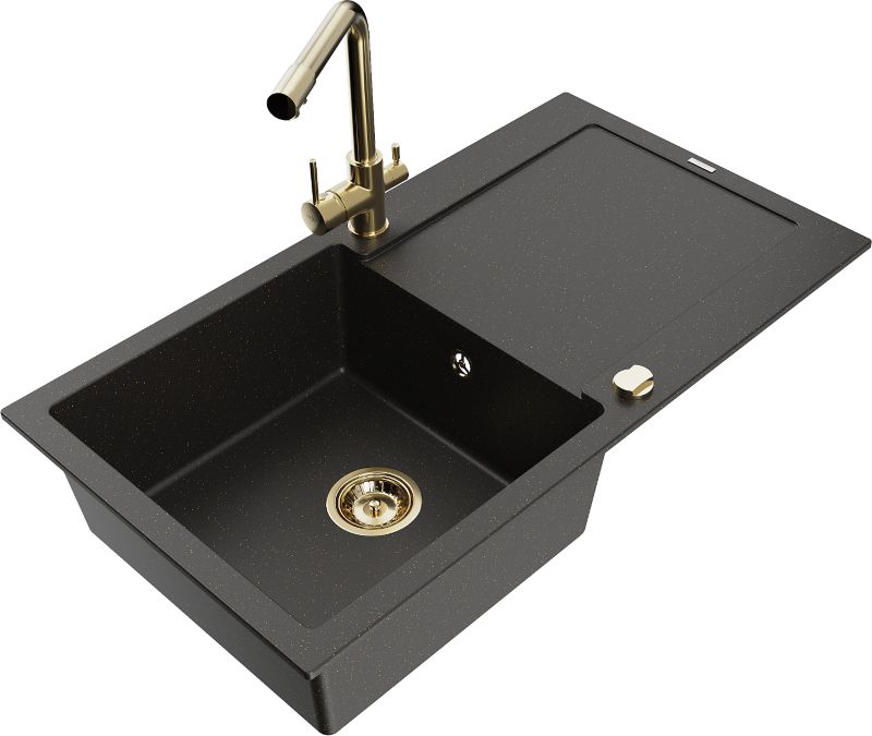 Zlewozmywak granitowy Mexen Leo 1-komorowy z ociekaczem i baterią kuchenną Duero czarny/złoty 6501-75-671600-50