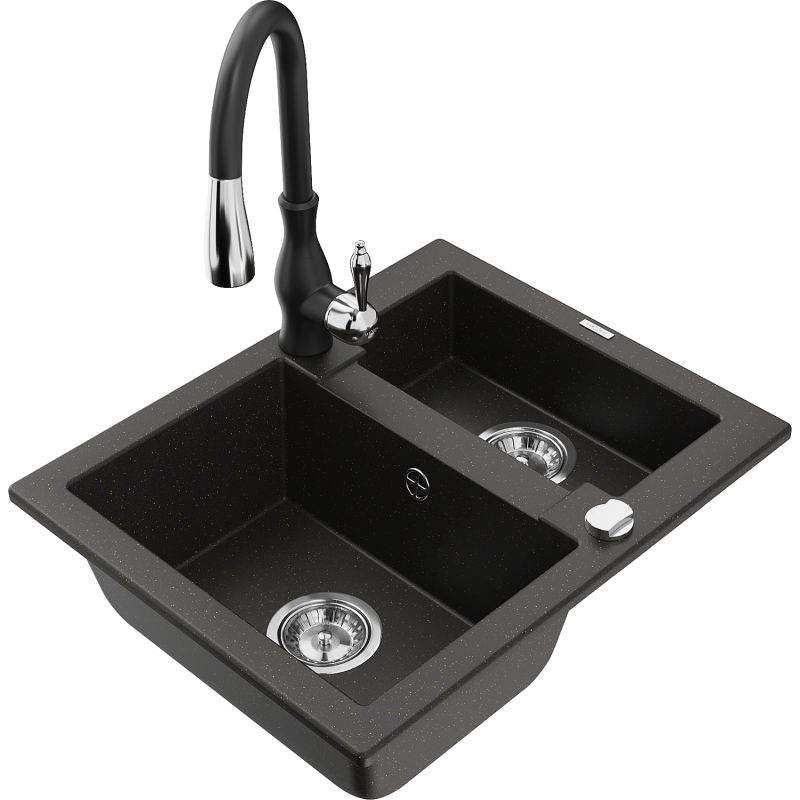 Zlewozmywak granitowy 1.5-komorowy Mexen Carlos z baterią kuchenną Savita czarny/złoty metalik 6518-75-672601-70