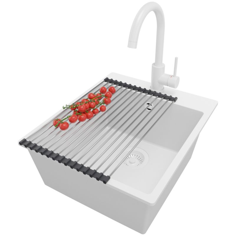 Zlewozmywak Granitowy Ryga PRIMAGRAN Nablatowy 43x50cm do szafki od 45cm z Syfonem i Baterią i Dodatkiem Cały Biały 1 szt.