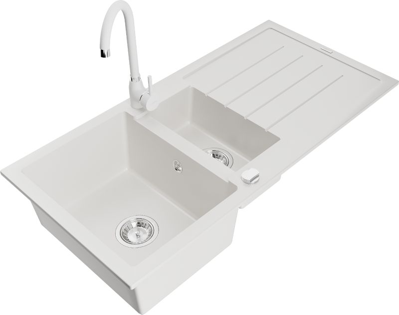 Zlewozmywak granitowy Mexen Andres 1,5-komorowy z ociekaczem i baterią kuchenną Telma biały 6515-20-670200-20