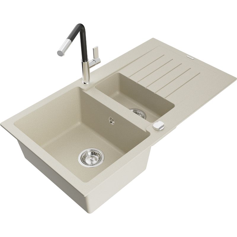Zlewozmywak granitowy 1.5-komorowy Mexen Matias z ociekaczem i baterią kuchenną Flora beżowy 6502-69-670401-07