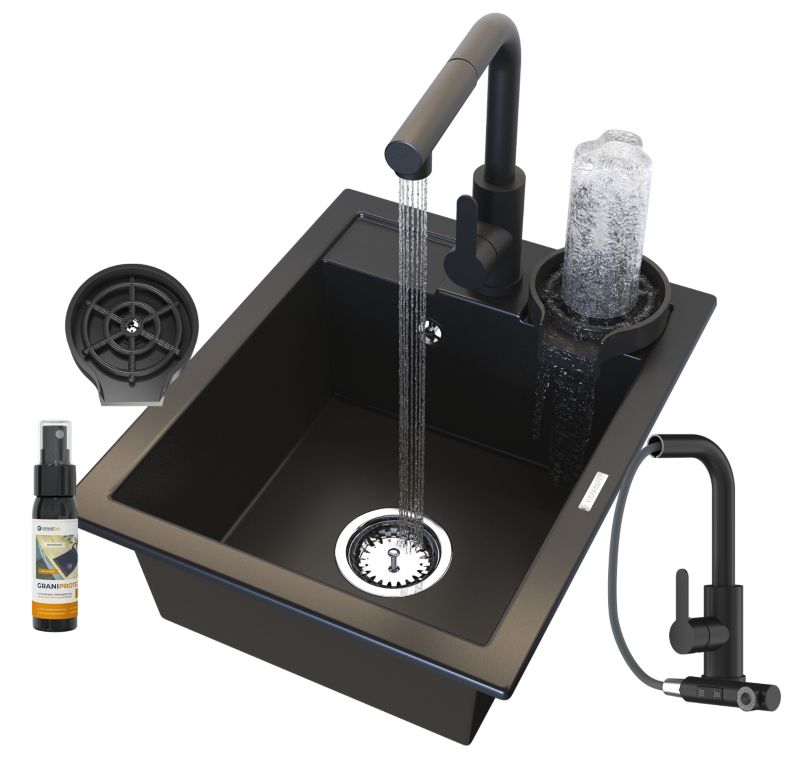 Zlewozmywak Granitowy Granitan Best Czarny Kran Kuchenny Zestaw Myjka Syfon 1 szt.