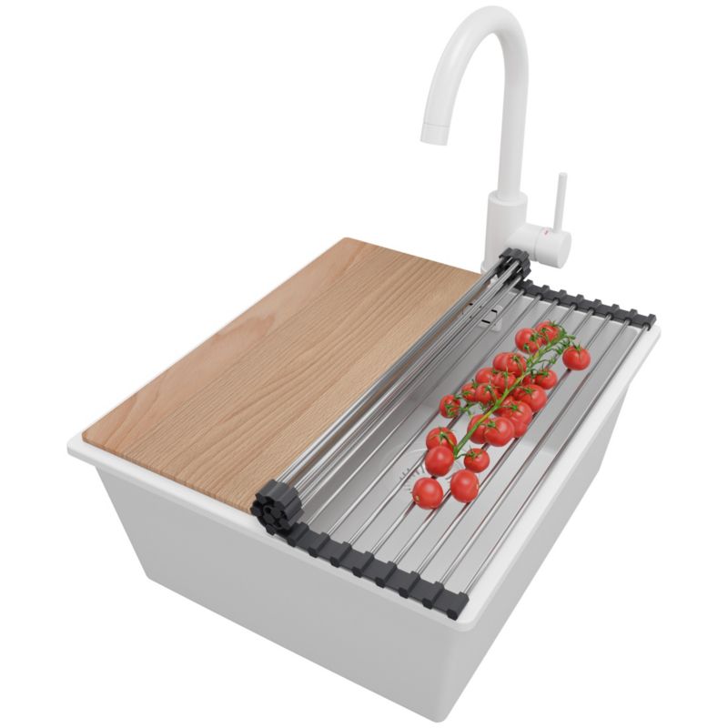 Zlewozmywak Granitowy Londyn Slim PRIMAGRAN Nablatowy 41x47cm do szafki od 45cm z Syfonem i Baterią i Dodatkiem Cały Biały 1 szt.