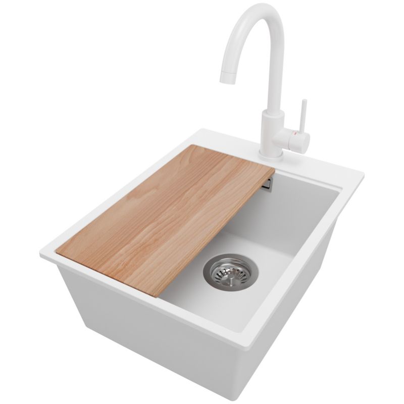 Zlewozmywak Granitowy Oslo PRIMAGRAN Nablatowy 38x50cm do szafki od 40cm, Biały + Bateria 32x20cm + Syfon + Deska, S085, 1 szt.