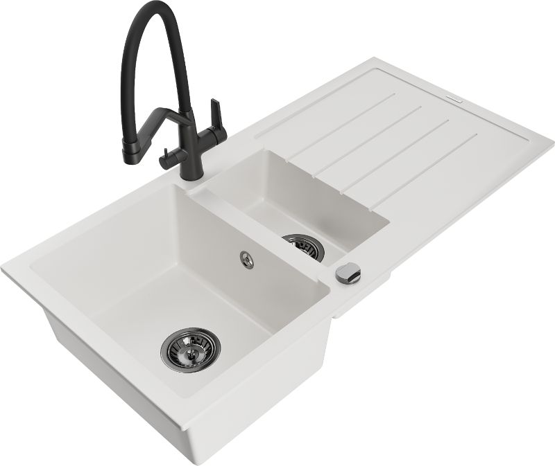 Zlewozmywak granitowy Mexen Andres 1,5-komorowy z ociekaczem i baterią kuchenną Duo czarny - 6515-76-671701-57-B 1 szt.