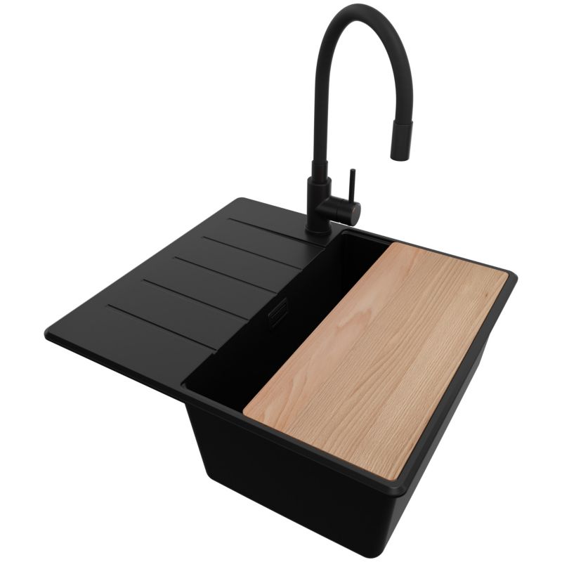 Zlewozmywak Granitowy Kopenhaga PRIMAGRAN Nablatowy 55x50cm, Cały Czarny + Bateria + Syfon + Akcesorium, S084, 1 szt.