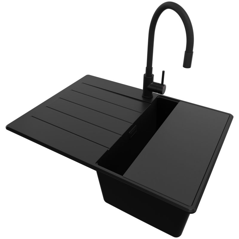 Zlewozmywak Granitowy Kopenhaga PRIMAGRAN Nablatowy 70x50cm, Cały Czarny + Bateria + Syfon + Akcesorium, S188, 1 szt.