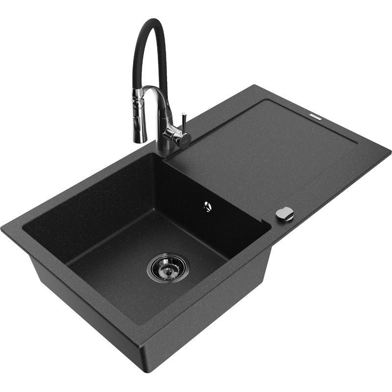 Zlewozmywak granitowy 1-komorowy Mexen Leo z ociekaczem i baterią Aster czarny/srebrny metalik - 6501-73-73450-70-B 1 szt.