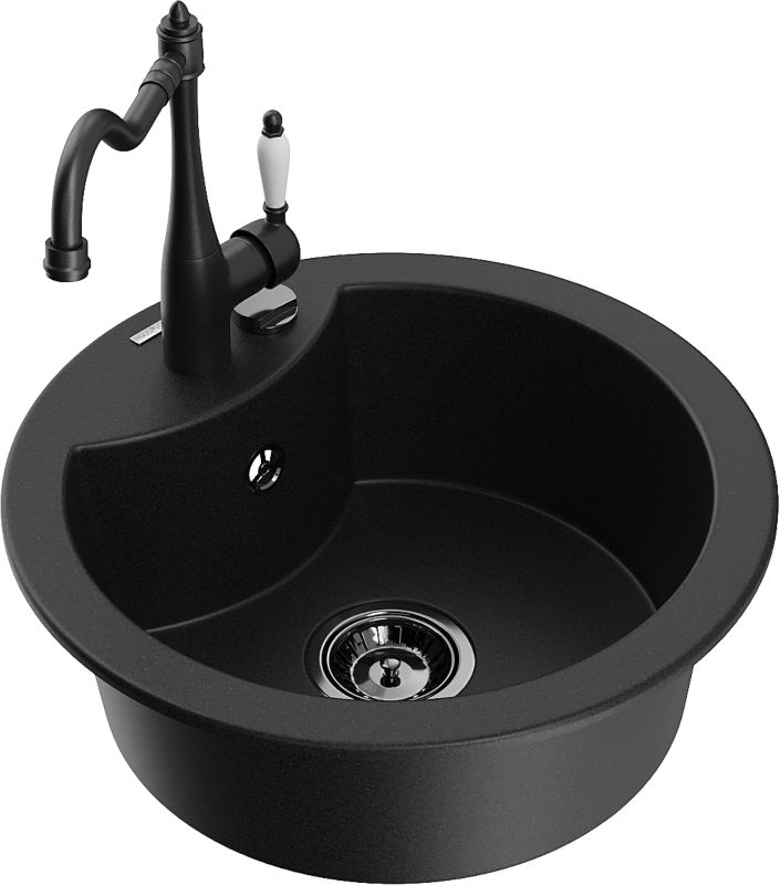 Zlewozmywak granitowy Mexen Diego 1-komorowy z baterią kuchenną Carla czarny 6512-77-670700-70-B