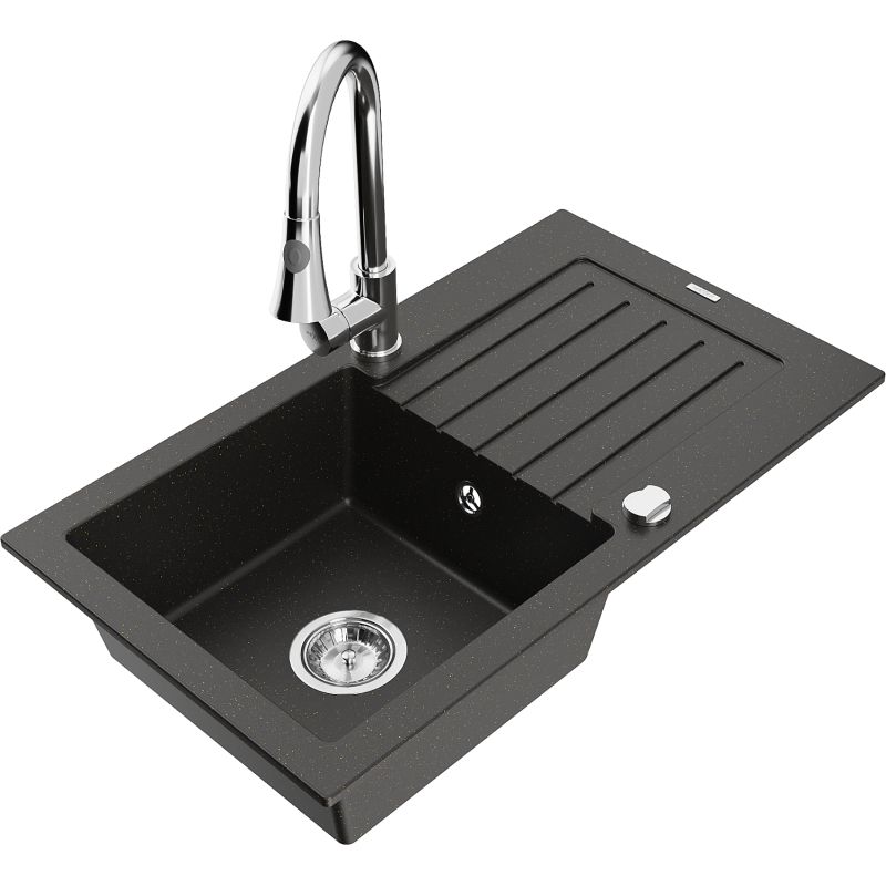 Zlewozmywak granitowy 1-komorowy Mexen Pablo z ociekaczem i baterią kuchenną Elia czarny/złoty metalik 6510-75-670101-00