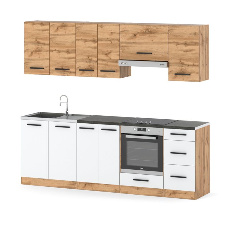 Zestaw Kuchenny Hurtownia-Mebli Z Blatem Kuchnia Mokka Plus 240cm Dąb Wotan Dąb Wotan/Biały Mat 240x47x145 cm 1szt.