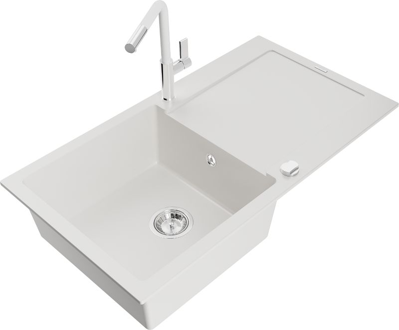 Zlewozmywak granitowy Mexen Leo 1-komorowy z ociekaczem i baterią kuchenną Flora biały - 6501-20-670401-00 1 szt.