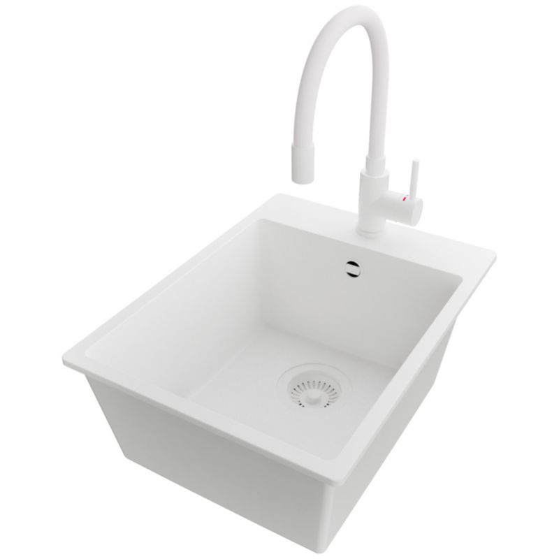 Zlewozmywak Granitowy Ryga PRIMAGRAN Nablatowy 38x50cm do szafki od 40cm, Cały Biały + Bateria 38x14cm + Syfon, S064, 1 szt.