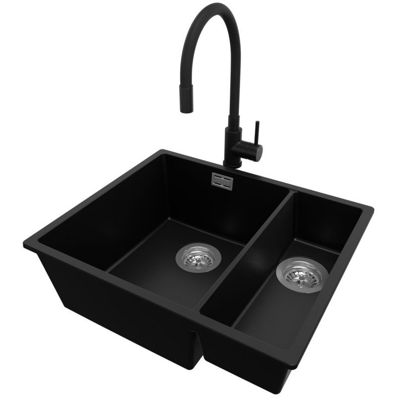 Zlewozmywak Granitowy Londyn Slim Duo PRIMAGRAN Nablatowy 56x47cm do szafki od 60cm, Czarny + Bateria + Syfon, S027, 1 szt.