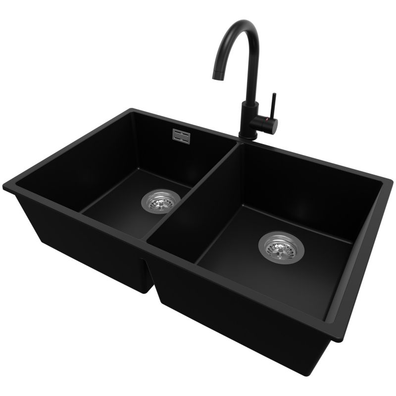 Zlewozmywak Granitowy Londyn Slim Twin PRIMAGRAN Nablatowy 76x47cm do szafki od 80cm, Czarny + Bateria + Syfon, S011, 1 szt.