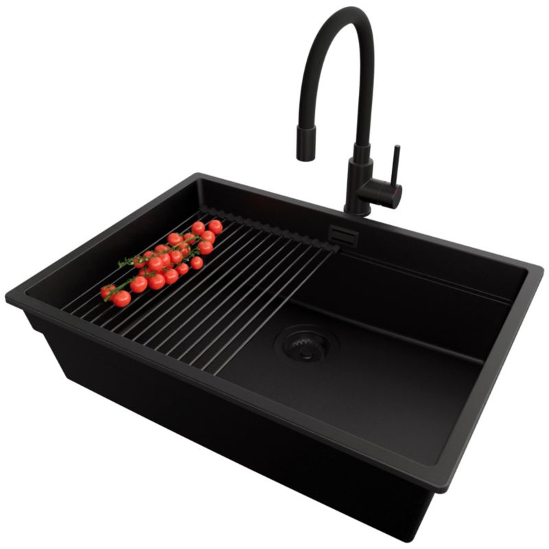 Zlewozmywak Granitowy Praga Slim PRIMAGRAN Nablatowy 66x47cm, Cały Czarny + Bateria + Syfon + Akcesorium, S460, 1 szt.