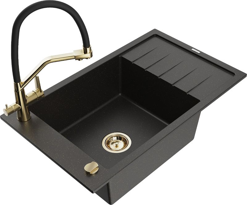 Zlewozmywak granitowy Mexen Elias 1-komorowy z ociekaczem i baterią kuchenną Duo czarny/złoty 6511-75-671701-57-G