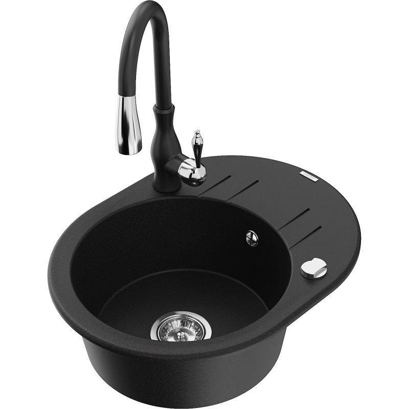 Zlewozmywak granitowy 1-komorowy Mexen Kevin z ociekaczem i baterią kuchenną Savita czarny - 6517-77-672601-50 1 szt.