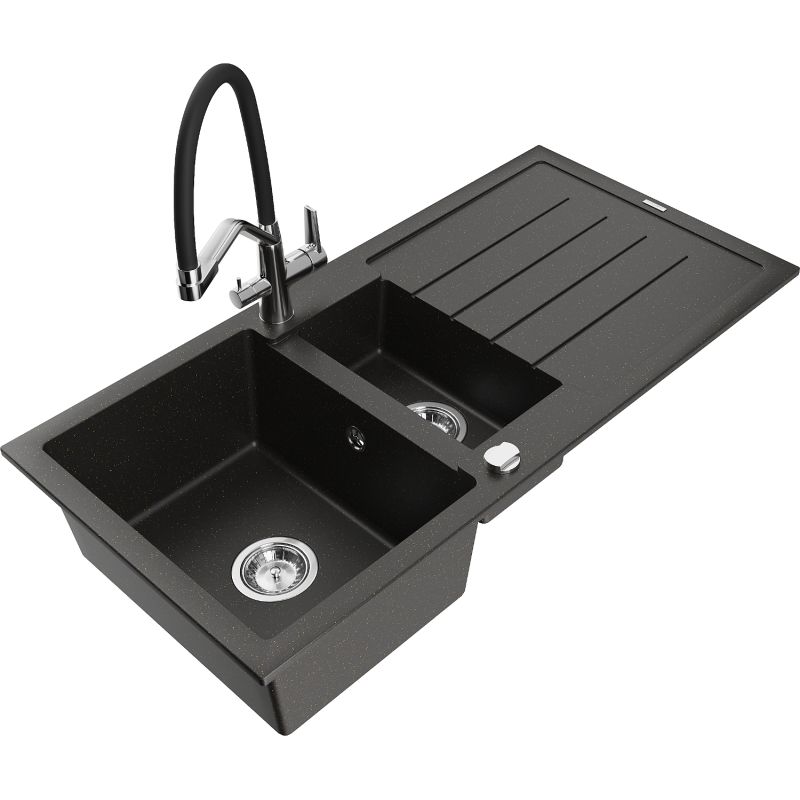 Zlewozmywak granitowy 1.5-komorowy Mexen Andres z ociekaczem i baterią kuchenną Duo czarny/złoty metalik 6515-75-671701-07