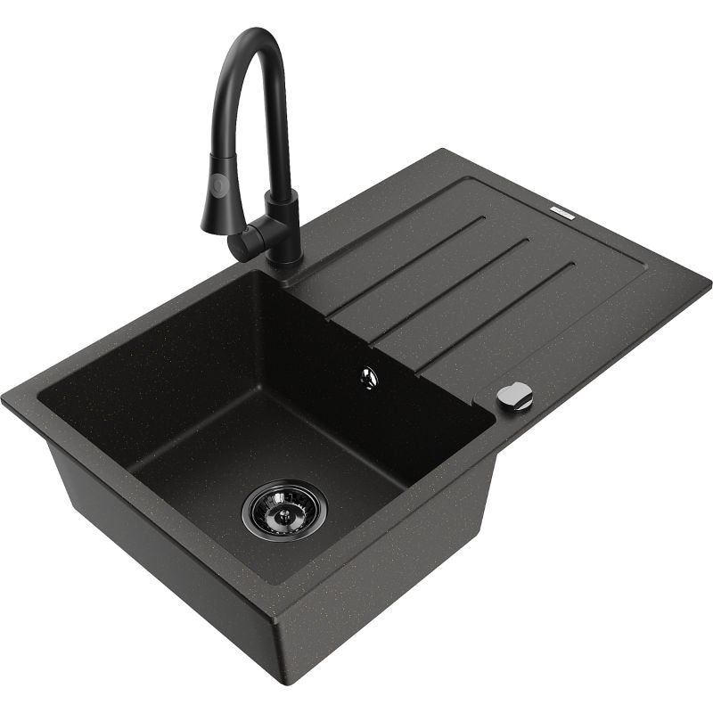 Zlewozmywak granitowy 1-komorowy Mexen Bruno z ociekaczem i baterią kuchenną Elia czarny/złoty metalik 6513-75-670101-70-B