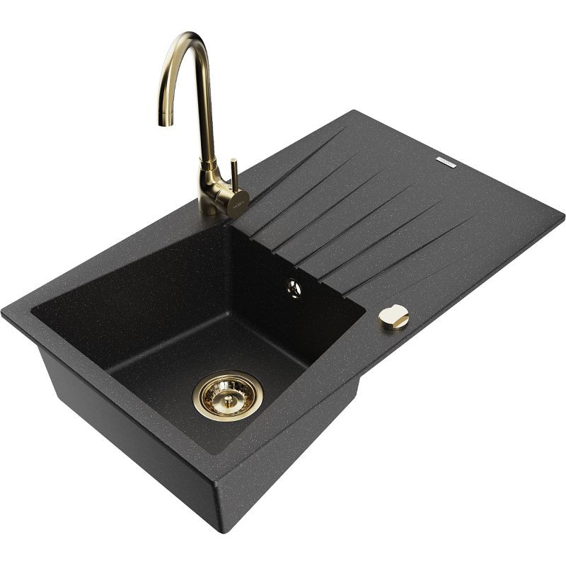 Zlewozmywak granitowy 1-komorowy Mexen Cesar z ociekaczem i baterią kuchenną Telma czarny/srebrny 6514-73-670200-50