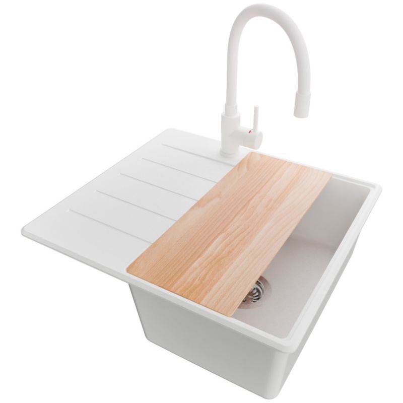 Zlewozmywak Granitowy Kopenhaga PRIMAGRAN Nablatowy 55x50cm do szafki od 40cm, Biały + Bateria + Syfon + Deska, S085, 1 szt.