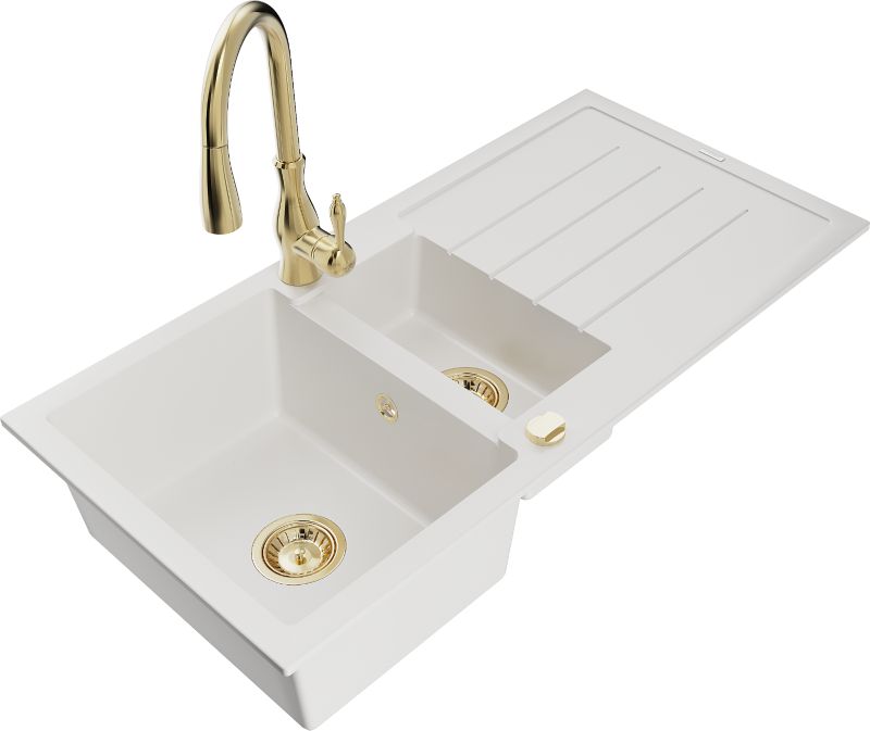 Zlewozmywak granitowy Mexen Andres 1,5-komorowy z ociekaczem i baterią kuchenną Savita biały 6515-20-672601-50