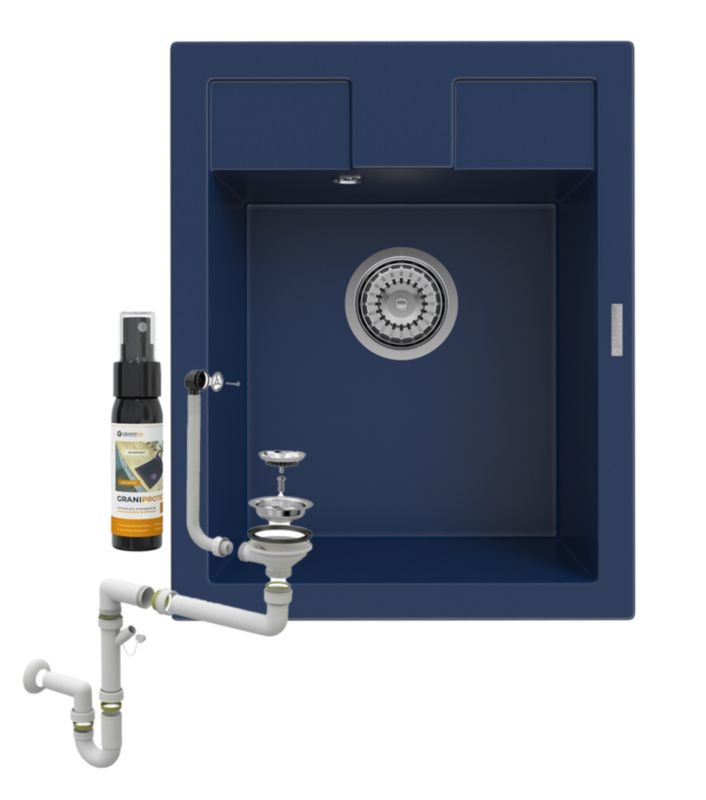 Zlewozmywak Granitowy Jednokomorowy Kuchenny Granitan Best Niebieski Syfon Chrom 1 kpl.