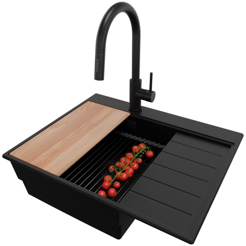 Zlewozmywak Granitowy Sydney PRIMAGRAN Nablatowy 62x50cm, Cały Czarny + Bateria + Syfon + Akcesorium, S187, 1 szt.